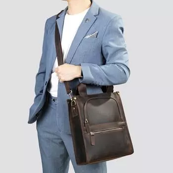 Сумка через плечо Crazy Horse Leather для мужчин Senior Sense Retro Crossbody, большая вместимость, сумка через плечо из коровьей кожи с вертикальным креплением кофейный