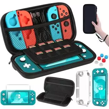 Сумка для хранения Nintendo Switch Lite, портативная дорожная сумка для хранения с защитным чехлом для ПК и закаленной пленкой для экрана, 6 колпачков для клавиш чёрный