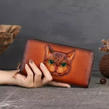 Сумка для карт из натуральной кожи с тиснением «Летний кот» с несколькими отделениями, роскошный клатч Sense of Light коричневый