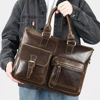 Сумка для компьютера Carry из натуральной кожи Premium Sense, мужская, большая вместимость, одно плечо, верхний слой из коровьей кожи, деловой портфель чёрный
