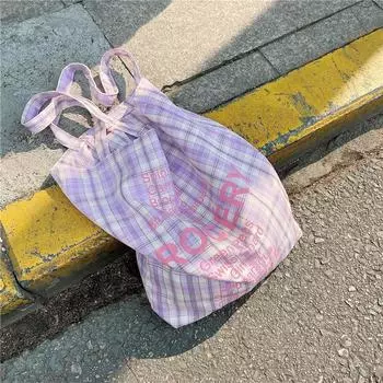 Сумка из холста, милая девичья клетчатая сумка через плечо, студенческая сумка для покупок в стиле ins, прилив