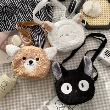 Сумка из овечьей шерсти для женщин, осень и зима, новая студенческая плюшевая сумка через плечо с рисунком милой девушки чёрный