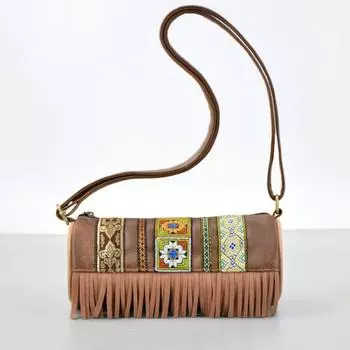 Сумка Minority Cylinder Bag для девочек, сумка через плечо, этнический стиль, сумка-цилиндр из искусственной кожи с вышивкой, ретро-сумка-трансформер с бахромой темно-коричневого