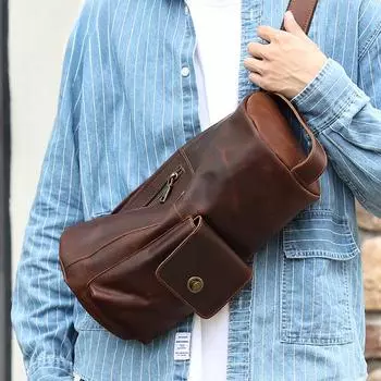 Сумка на грудь Crazy Horse Leather Retro Crossbody Bag Niche Fashion Trend Cylinder Bag Натуральная кожаная сумка через плечо Нагрудная сумка для мужчин шоколадный