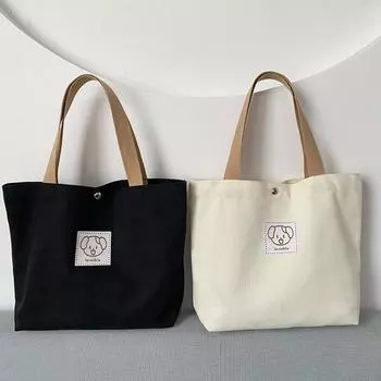 Сумка-тоут из холста с принтом мультяшных животных — легкая, с фиксированным ремешком — повседневная женская сумка-тоут. чёрный