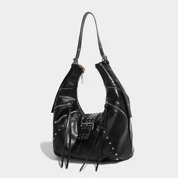 Сумка-тоут Niche Retro Spice Oil Wax Leather Commuter Tote Fashion Riveted Single Shoulder Croissant чёрный