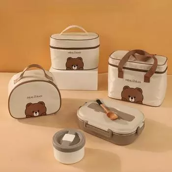 Сумки для обеда, кожаный детский мешок Bento большой вместимости с медведем, термоизолированный холодильник с посудой, чашка, сумка для пикника Semicircle-S