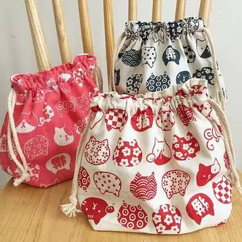 Сумки-холодильники Bear Beam Port Tableware Storage Bags Drawstring Lunch Bags Lucky Cat Lunch Box Pouch кофейный
