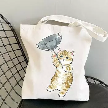 Сумки с милыми животными, холщовые сумки с изображением кошек, сумка для покупок, модная большая сумка, сумки, повседневные сумки на плечо для девочек, сумка-шоппер 24*26cm