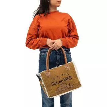 Сумки Sel De Mer Ручная сумка из переработанного холста Большая сумка из переработанного холста и воловьей кожи Сияющая кожаная сумка из переработанного холста 13 x 5 x 10 in зелёный