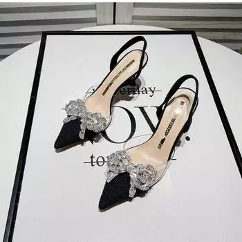 Summer 2024 Stiletto Sandals for Women Thin Heels Ladies Shoes Clear Footwear Black Transparent Bow Pointed Toe Closed Sale Vip 35