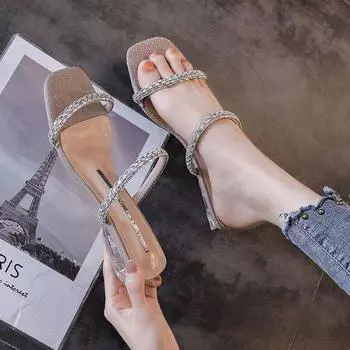 Summer 2024 Women s Slippers and Ladies Sandals Slides Crystals Low Heel White Job Rhenstone Jewels Shoes Outside Non Slip Y Pvc 35