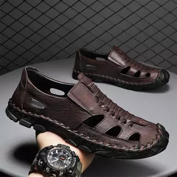 Summer 2025 new casual beach sandals Korean version large size hand-sewn bottom bag head hollow real Shoes 38 коричневый