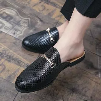 Summer bag head half tray casual small leather shoes men s one foot British Doudou shoes Korean version trendy hairstylist cool slippers 38 чёрный