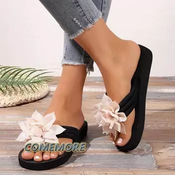 Summer Beach Shoes for Women 2024 New Fashion Flower Women s Wedges Slippers Roman Ladies Casual Flip Flops Female Flats Slides 36 чёрный