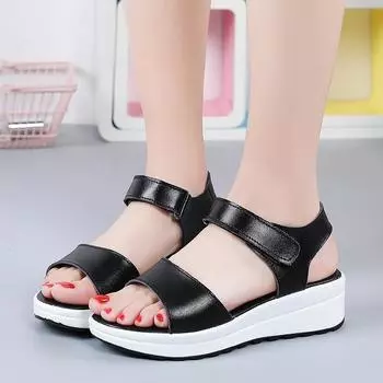 Summer black platform buckle sandals beach casual open-toe flats mid-heel Velcro cool slippers women 35 белый