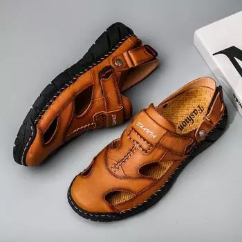 Summer breathable leather rubber outsole bag head casual men s beach sandals 38 чёрный