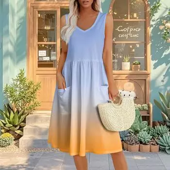 Summer Casual Midi Dresses For Women Vocation Elastic Waist Sleeveless Knee Length Sundress With Pockets Loose Fit L красный