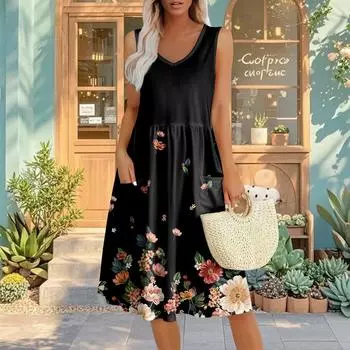 Summer Casual Midi Dresses For Women Vocation Elastic Waist Sleeveless Knee Length Sundress With Pockets Loose Fit M