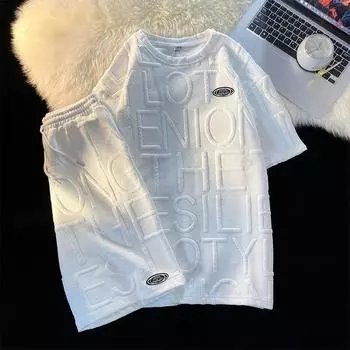 Summer Casual Suit Men s Two-piece Set Elegant Simple Style Loose Short Sleeved T-shirt XXXL белый