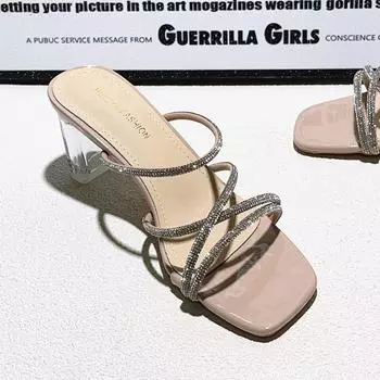 Summer Clear Strange High Heels Slippers Women Crystal Narrow Band Sandals Shoes Zapatos De Mujer 35 бежевый