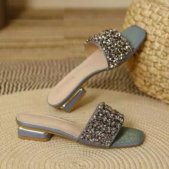 Summer Cool Slippers for Women Fashion Flat Casual Beach Slides Female Luxy Rhinestone Peep Toe Soft Sole Shiny Sandals 2024 35 синий