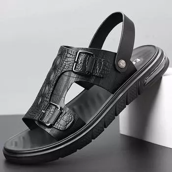 Summer Cracked Skin Men s Open Toe Slippers Leather Mens Beach Sandals High-quality Double Buckle Business Sandals Walking Shoes 38 чёрный