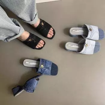 Summer Design Sensation Small Crowd Thick Heel Slippers Fashion Retro Denim High Heel Slippers Women Shoes Pig Feet Slipper 37 светло-синий