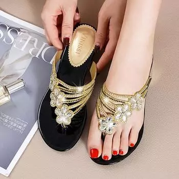 Summer Elegant Open Toe Anti-slip Slides Outdoor High Quality Ladies Fashion Versatile Crystal Diamonds Evening Flip Flop 33(Foot21.5cm) чёрный