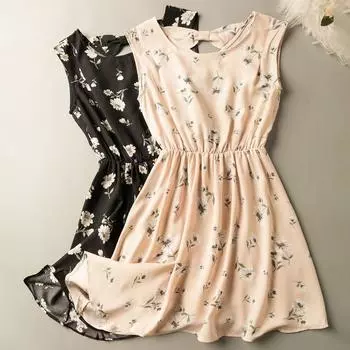 Summer Export K-style New Arrival Gentle Moving Cute Anti-Aging round Neck Sleeveless Pullover Vest Dress Black background gray flowers S