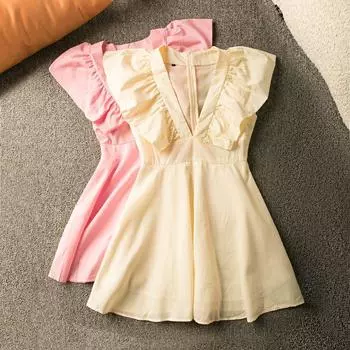 Summer Export K-style New Arrival Partysu Temperamental Cute Anti-Aging V Neck Ruffle Sleeve Dress Pink S
