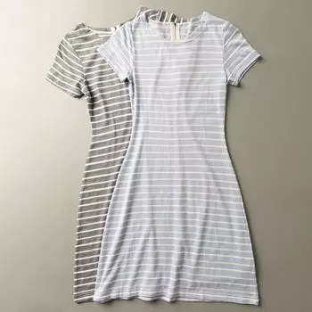 Summer Export K-style New Arrival Versatile Simple Casual Fashion round Neck Short Sleeve Pullover Dress Light blue white stripes M