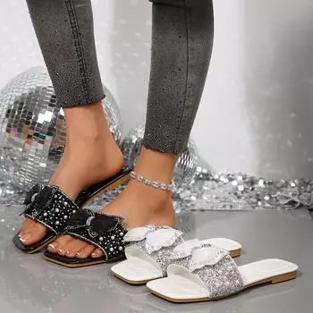 Summer Fairy Style Pearl Bow Versatile Flat Flip-flops for Women In Flip-flops 35 белый
