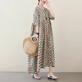 Летнее платье Fat MM Large Loose с коротким рукавом и принтом в горошек для женщин One Size