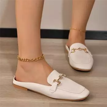 Summer Flat Mules 2024 Casual Slippers Women Solid Color Ladies Shoes Square Toe Slipper Shallow Slides Outdoor Pantuflas Mujer EUR 35
