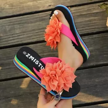 Summer Flip-flops with Rainbow Flowers Thick-soled Cool Flip-flops Colorful Soled Women s Shoes and Casual Beach Slippers 36 чёрный