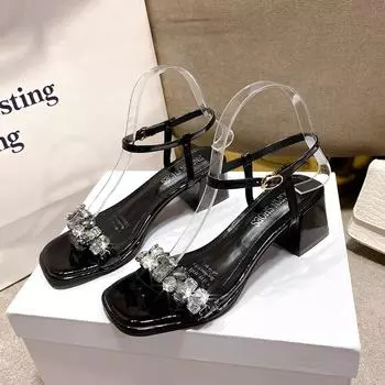 Summer French Temperament Sandals 2024 New Thick with Fashion Diamond Inlaid Square Head Open Toe Versatile Single Shoes Women s 34 покинуть белый