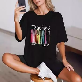 Summer Fun Casual Short Sleeve Teaching with Flair Versatile Comfortable Large Loose Round Neck Cotton Short Sleeve T-Shirts Women’s S чёрный