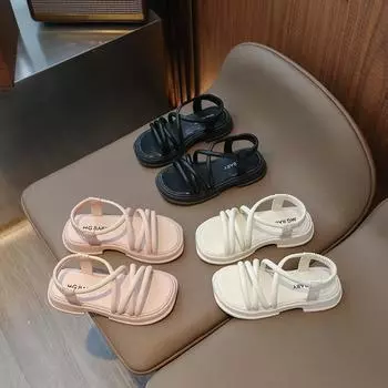 Summer Girls Beach Shoes Versatile Soft Solid Color Non-slip Children Fashion Casual Sandals PU Open-toe Slip-on Breatheable PU 26 чёрный