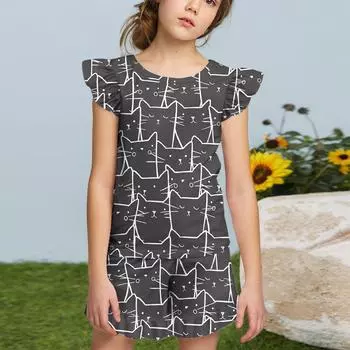 Summer Girls Cute Suit Flying Sleeves T-shirt Top + Ruffled Shorts Daily Outdoor Wear Cute Casual Fashion 2-Piece Set 120