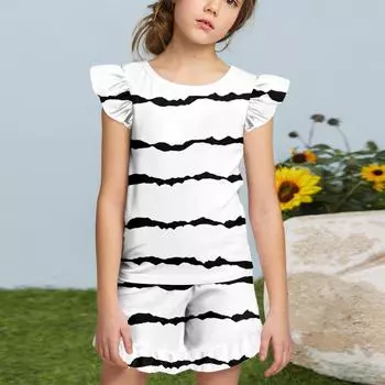 Summer Girls Cute Suit Flying Sleeves T-shirt Top + Ruffled Shorts Daily Outdoor Wear Cute Casual Fashion 2-Piece Set 120