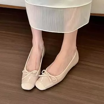 Summer greenery! Soft leather bow shallow mouth single shoes women s 2024 summer square head flats 35 серебряный
