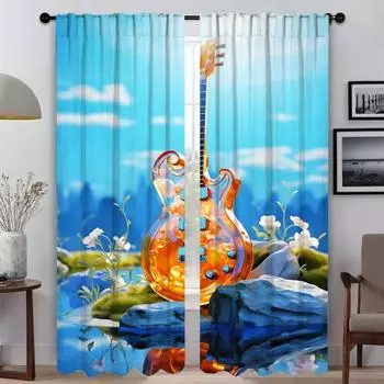 Summer Guitar Anti-mosquito Curtains for Living Room Home Interior Curtains 2 Pieces Blackout Curtain Tulle for Bedroom Shades W50xH70cmx2pcs-CL