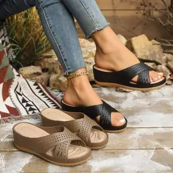 Summer Hollow Design Breathable and Comfortable Women s Slippers Casual Outdoor Wedge Solid Color One-slip Flops 36 светло-коричневого
