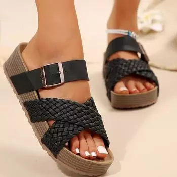 Summer Hot Selling Women s Shoes 2024 Fashion Open Toe Solid Color Medium Heel Buckle Large Size Women s Beach Slippers 35 чёрный