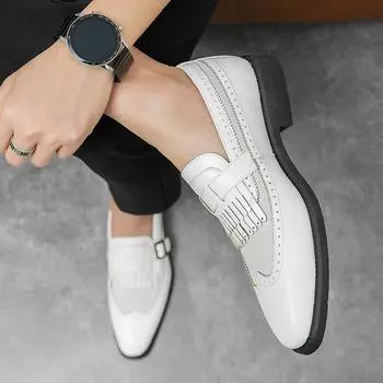 Summer leather shoes men s Korean version of trend color matching one-pedal Doudou shoes British casual Brock engraved fringed men s shoes 38