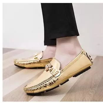 Summer Leather Shoes Men Slip-On Driving Moccasins Office Loafers Breathable Gold Silver Casual Zapatos Hombre 38 золотой