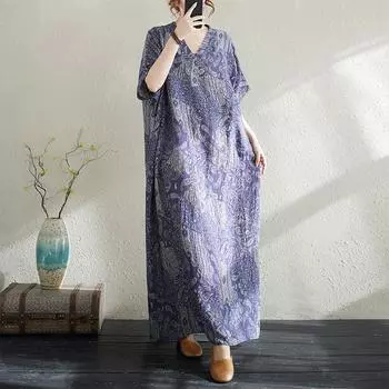 Summer Literary Plus Print V-neck Loose Vacation Style Short Sleeved Women s Dress one size