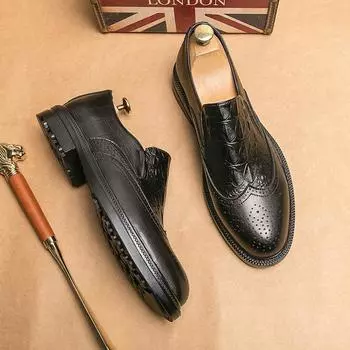Summer Luxury Crocodile Pattern Brogue Leather Loafers Formal Business Office Shoes Brand Dress Shoes Slip-On Business Pea Shoes 38 чёрный