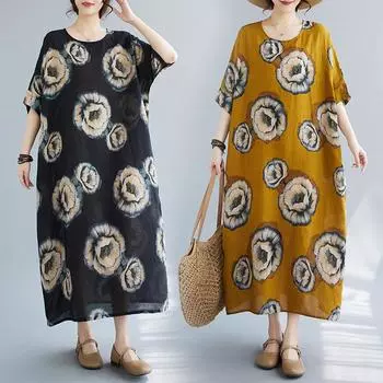 Summer Ma Art Loose Large Print Round Neck Short Sleeve Dress for Women Casual Dresses M жёлтый